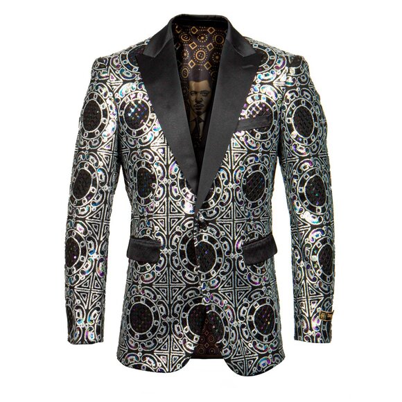 Empire™ Pearlescent Sequin Blazer Geometric Peak Lapel Hybrid-Fit, 4XL Only - Picture 2 of 5